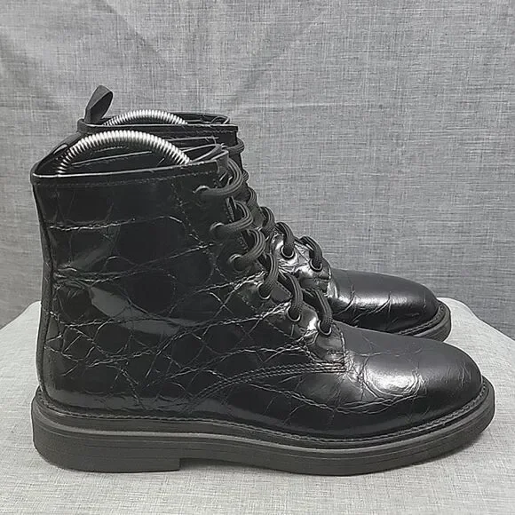 AGL Moreen Women's Black Croc Embossed Patent Leather Lace Up Boots Women's 39.5